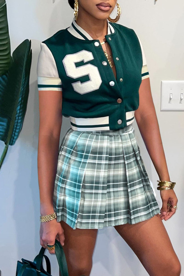Green Casual Print Patchwork Buckle Appliques Short Sleeve Two Pieces