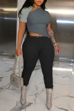 Blue Gray Sexy Solid Hollowed Out Patchwork Buttons O Neck Regular Jumpsuits