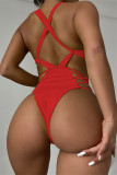 Red Fashion Sexy Solid Hollowed Out Backless Swimwears (Without Paddings)
