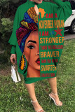 Rose Red Fashion Casual Print Hollowed Out O Neck Long Sleeve Dresses