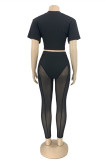 Black Fashion Sexy Solid Patchwork See-through O Neck Short Sleeve Two Pieces
