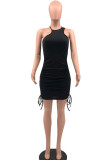 Apricot Sexy Solid Patchwork Draw String Fold Asymmetrical Collar Pencil Skirt Dresses