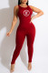 Red Fashion Casual Print Letter O Neck Jumpsuits