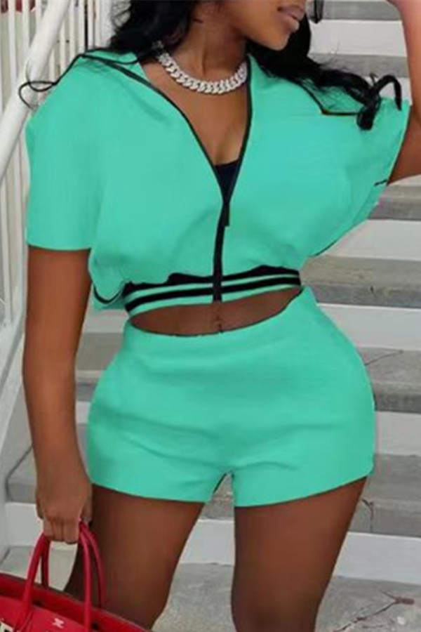 Fluorescent Green Fashion Casual Solid Patchwork Zipper Collar Short Sleeve Two Pieces