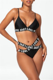 Black Fashion Sexy Letter Print Hollowed Out Patchwork Backless Swimwears (With Paddings)