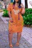 Tangerine Casual Print Split Joint V Neck Straight Dresses
