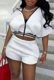 Pink Fashion Casual Solid Patchwork Zipper Collar Short Sleeve Two Pieces