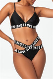 Black Fashion Sexy Letter Print Hollowed Out Patchwork Backless Swimwears (With Paddings)