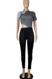 Blue Gray Sexy Solid Hollowed Out Patchwork Buttons O Neck Regular Jumpsuits