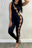 Black Sexy Solid Hollowed Out Patchwork O Neck Skinny Jumpsuits