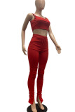 Red Sexy Solid Patchwork Slit Spaghetti Strap Sleeveless Two Pieces