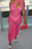 Pink Sexy Solid Mesh One Shoulder Pencil Skirt Dresses