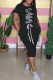 Black Fashion Casual Print Letter O Neck One Step Skirt Dresses