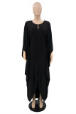 Black Fashion Casual Solid Hollowed Out O Neck Irregular Dress