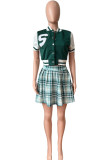 Light Blue Casual Print Patchwork Buckle Appliques Short Sleeve Two Pieces