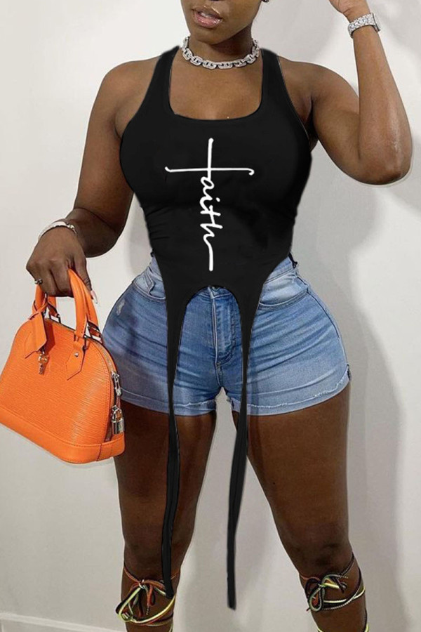 Black Sexy Print Patchwork Asymmetrical U Neck Tops
