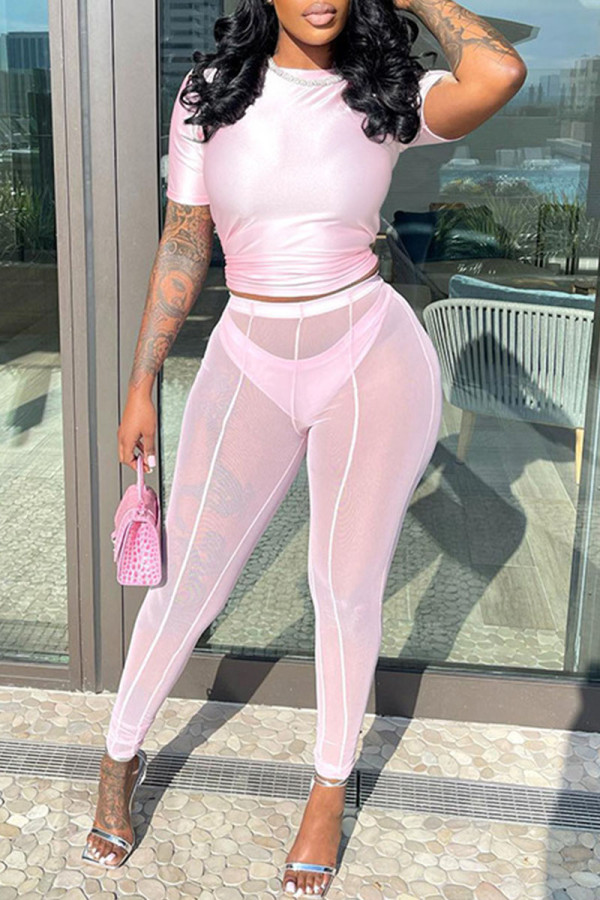 Pink Sexy Solid Patchwork O Neck Short Sleeve Two Pieces
