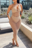 Pink Sexy Solid Mesh One Shoulder Pencil Skirt Dresses