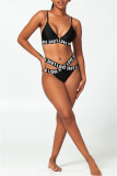 Black Fashion Sexy Letter Print Hollowed Out Patchwork Backless Swimwears (With Paddings)