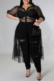 Black Fashion Sexy Plus Size Solid Split Joint See-through Turndown Collar Mesh Dress