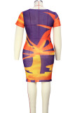 Purple Sexy Print Split Joint O Neck One Step Skirt Plus Size Dresses