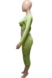 Green Sexy Casual Solid Fold O Neck Long Sleeve Two Pieces