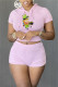 Pink Fashion Casual Cartoon Print Basic Hooded Collar Short Sleeve Two Pieces