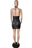 Gold Fashion Sexy Solid Hollowed Out Backless Fold Halter Sleeveless Dress Dresses