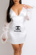 White Fashion Sexy Print Patchwork Letter V Neck One Step Skirt Dresses