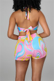 Green Fashion Sexy Print Bandage Hollowed Out Backless Halter Skinny Rompers