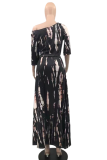 Black Casual Print Patchwork One Shoulder Half Sleeve Two Pieces