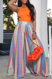 Colour Fashion Casual Print Basic Regular High Waist Wide Leg Trousers