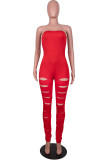 Red Sexy Casual Solid Ripped Backless Strapless Skinny Jumpsuits
