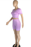 Light Purple Fashion Casual Solid Basic O Neck Short Sleeve Two Pieces