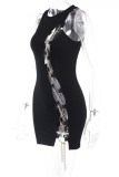 Black Fashion Sexy Solid Hollowed Out Chains O Neck Sleeveless Dress