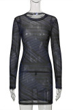 Black Fashion Sexy Print See-through O Neck Long Sleeve Dresses