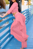 Pink Sexy Solid Patchwork See-through Flounce O Neck Three Quarter Two Pieces
