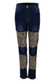 Light Blue Street Print Leopard Hollowed Out Patchwork High Waist Regular Denim Jeans