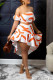 Orange Fashion Sexy Print Backless Asymmetrical Strapless Short Sleeve Two Pieces