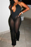 Green Fashion Sexy Patchwork Hollowed Out See-through Backless Halter Regular Jumpsuits