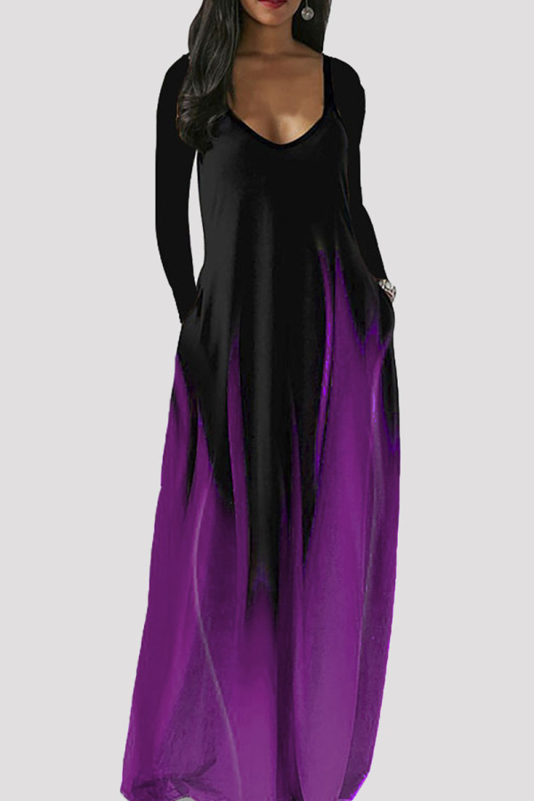 Purple Fashion Casual Print Basic V Neck Long Sleeve Dresses