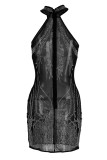Black Sexy Solid Split Joint See-through Hot Drill O Neck Pencil Skirt Dresses