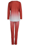 Red Living Print Patchwork O Neck Long Sleeve Two Pieces