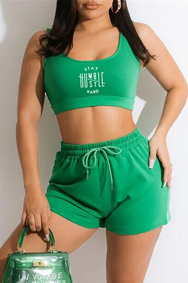 Green Casual Sportswear Print Basic U Neck Sleeveless Two Pieces