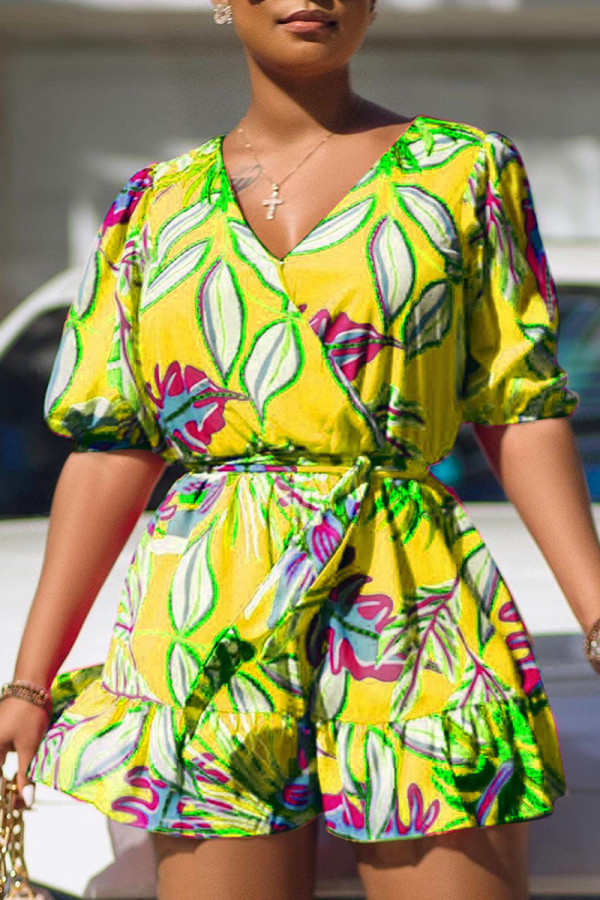 Yellow Sweet Print Bandage Patchwork Flounce V Neck Rompers