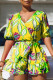 Yellow Sweet Print Bandage Patchwork Flounce V Neck Rompers