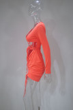 Orange Fashion Sexy Solid Bandage Hollowed Out Draw String V Neck Long Sleeve Dresses
