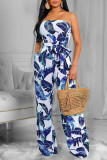 Red Sexy Print Patchwork Strapless Straight Jumpsuits