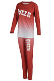 Red Living Print Patchwork O Neck Long Sleeve Two Pieces