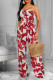 Red Sexy Print Patchwork Strapless Straight Jumpsuits